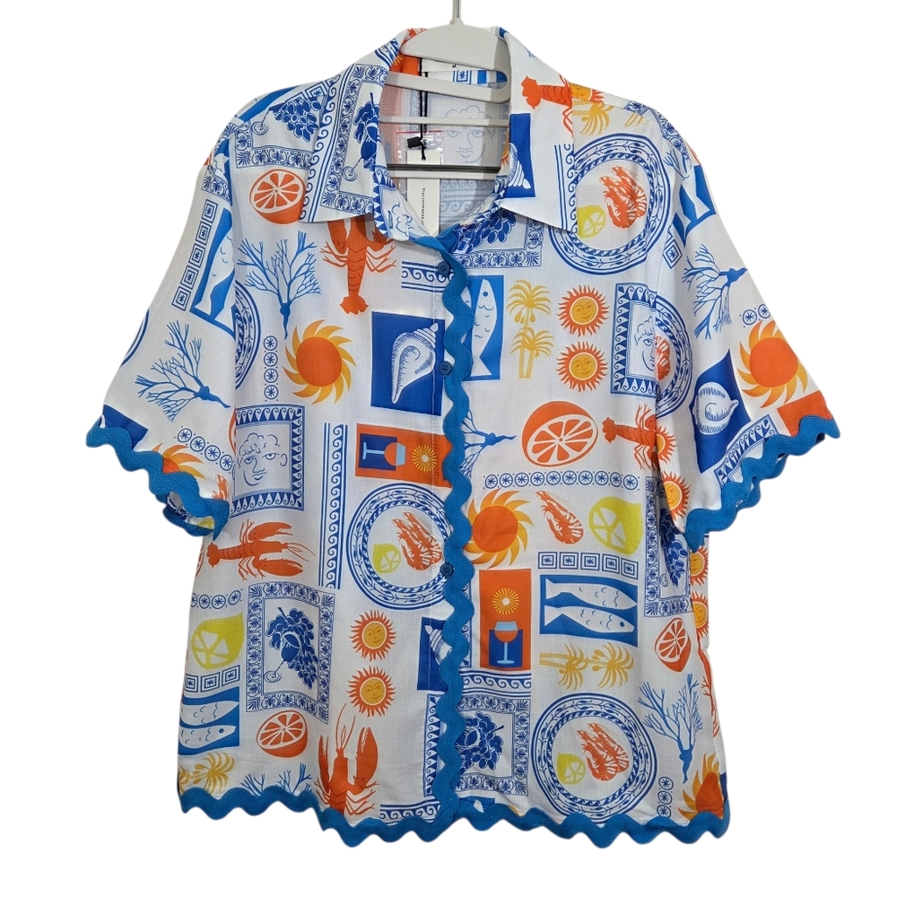 NWT Commense Lobster Print Button Up Short Sleeve Top Novelty Zig Zag Medium